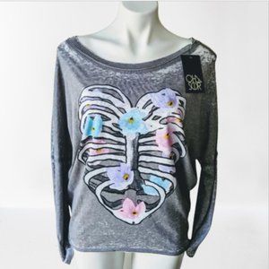 CHASER Floral Skeleton Heart Graphic Burnout Tee M, NWT